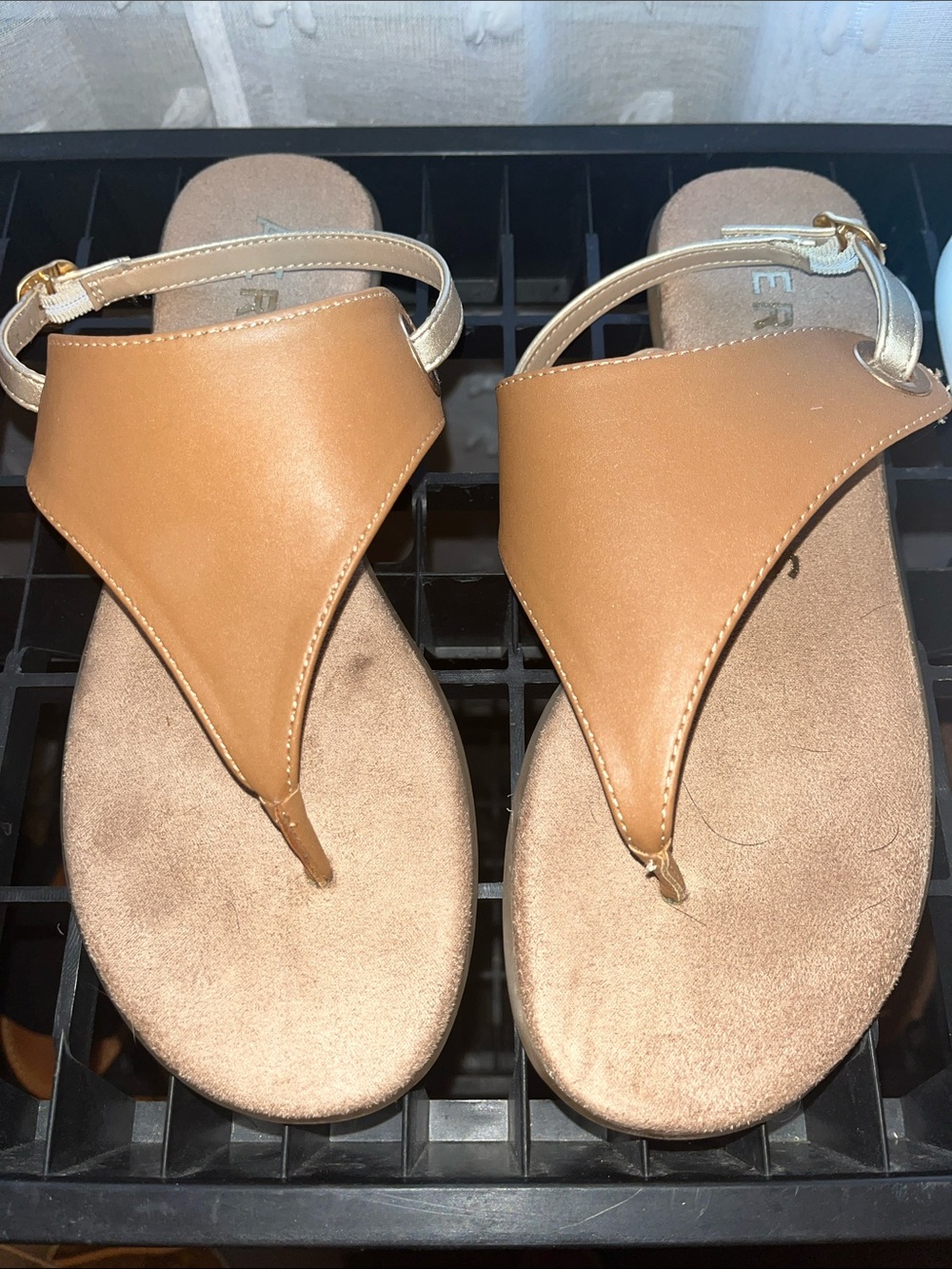 AEROSOLES Tan and Metallic Gold Thong Sandals